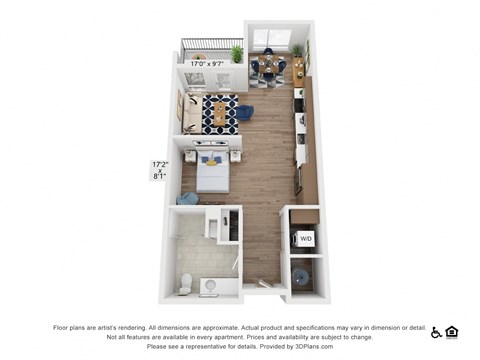 Floor plan for studio, 1 bath, 571 sqft